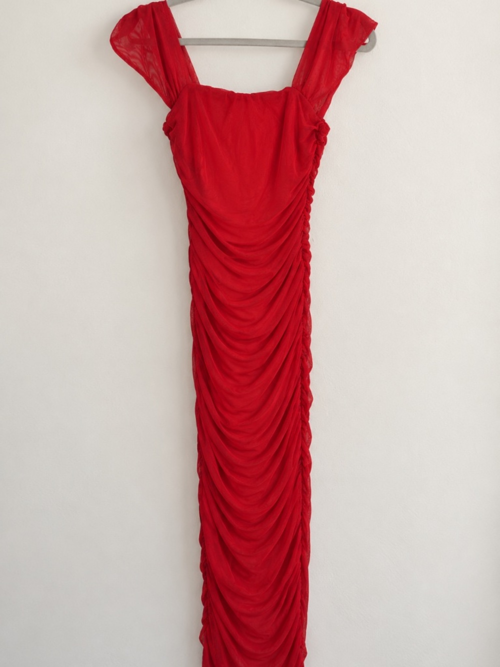 Red Ruched Maxi Dress Sheer Sleeves Bodycon Formal Evening